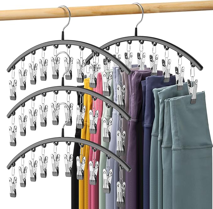 Legging Organizer for Closet, Metal Yoga Pants Hangers 4 Pack w/10 Clips Holds 40 Leggings, Space Saving Hanging Closet Organizer w/Rubber Coated Closet Organizers and Storage, Black