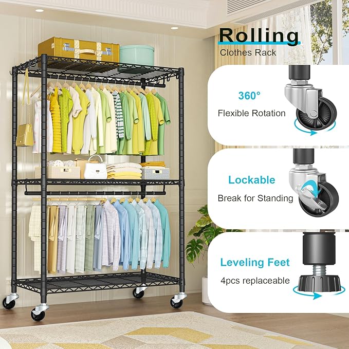 FUTASSI P3 Plus Rolling Clothes Rack, Clothing Racks for Hanging Clothes, Heavy Duty Garment Rack with Wheels, Freestanding Portable Closet Rack 45" W x 14" D x 78.5" H, Max Load 480 LBS, Black