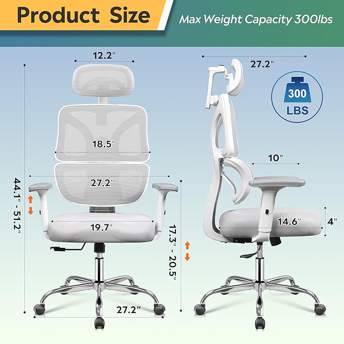 DEVAISE Office Chair Big and Tall Reclining Ergonomic Desk Chair for Long Hours, Comfy Breathable Mesh, Adjustable Armrests with Lumbar Support, White