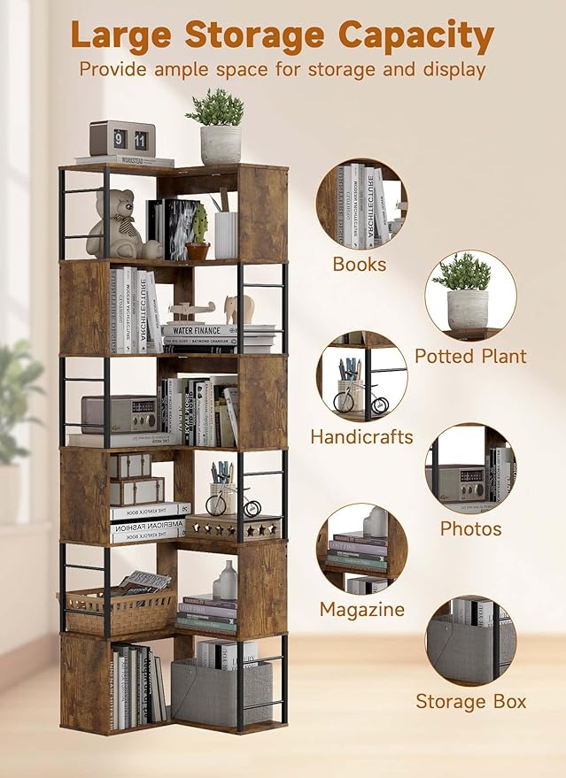 Baoz 7-Tier Corner Shelf- L Shape Corner Bookshelf with Storage- Wood Metal Bookcase Open Floor Stand Shelf Tall Decorative Display Storage Organizer in Living Room/Bedroom/Home/Office (Rustic Brown)