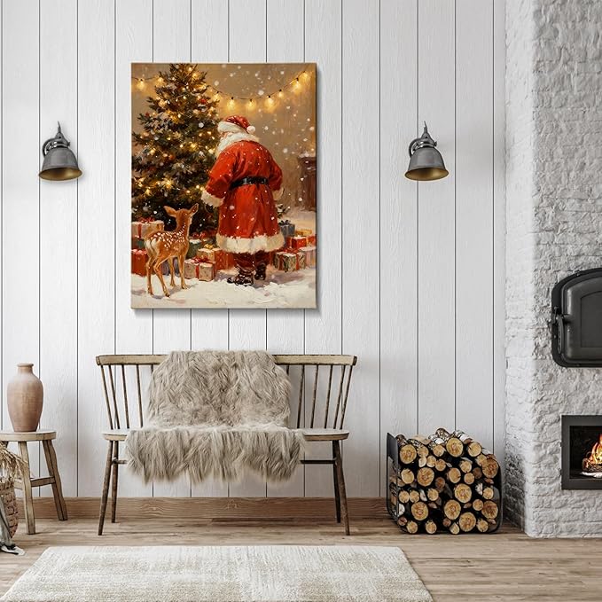 Santa's Reindeer & Christmas Tree Canvas Wall Art - Vintage Framed Canvas Prints for Living Room & Office, Festive Christmas Wall Decor Ready to Hang, Unique Christmas Gifts & Holiday Winter Decor