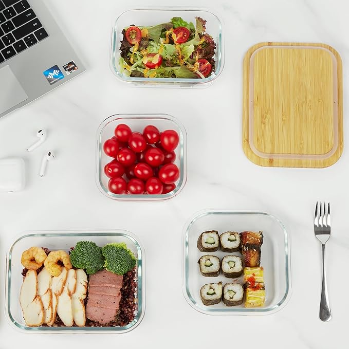 Vtopmart Glass Food Storage Containers with Bamboo Lids, 4 Pack Meal Prep Glass Containers Safe for Microwave, Oven, Freezer and Dishwasher, BPA Free