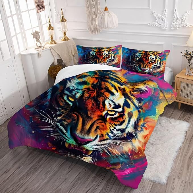 Tiger Print Bedding Set Queen for Kids Boys Tie Dye 3D Animal Print Bedding Comforter Cover Wildlife Tiger Theme Bedding Set Microfiber 3 Pcs with 1 Comforter and 2 Pillowcases