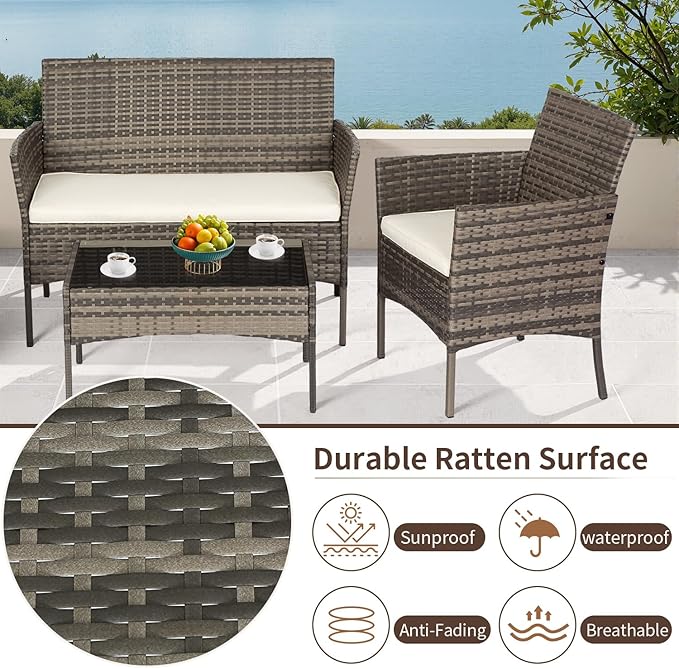 FDW Outdoor Patio Furniture Set Wicker Patio Set PE Rattan Furniture Bistro Set for Outdoor Indoor Use with Loveseats Coffee Table, Khaki Cushions, 4 Pieces