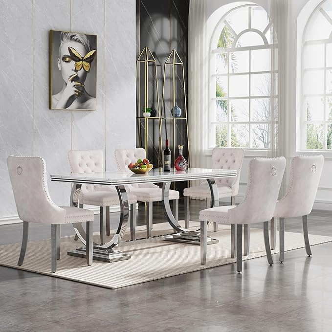 Goujxcy 7 Piece Marble Dining Table Set for 6, Luxury 70" White Marble Silver Kitchen Table with 6 Beige Velvet Upholstered Chairs, Modern 6 Person Dining Room Table Set for Kicken Dining Office Room