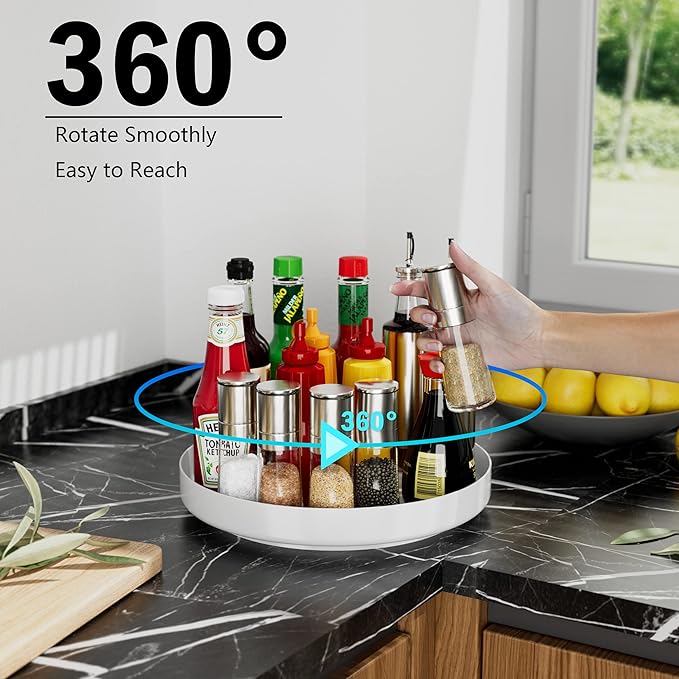 Ovicar Lazy Susan Cabinet Organizer - 11 inch Metal Turntable Lazy Susan for Kitchen Spice Rack Pantry Cupboard Bathroom Countertop Refrigerator Table Storage, White