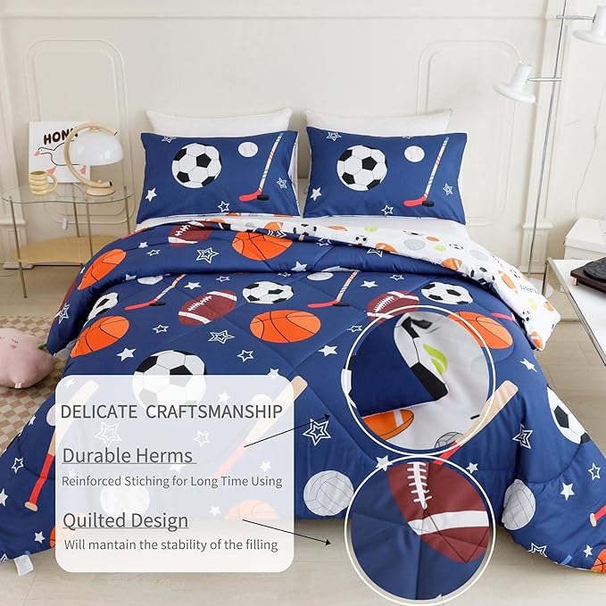 RYNGHIPY Kids Sports Theme Bedding Set, Basketball Football Baseball Tennis Print Comforter Set for Teens Boys Girls, Super Soft Lightweight (Balls,Full)