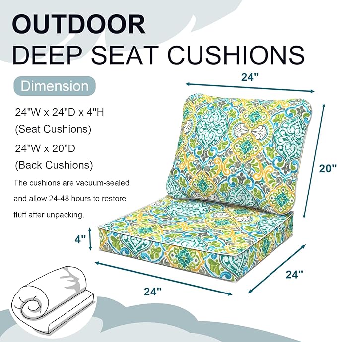 Outdoor Deep Seat Cushions Set 24 x 24 Inch for Patio Furniture,Water Resistant Chair Cushions Replacement Includes Seat Cushion & Back Pillow for Couch Sofa, Wicker Chair - Damask Green