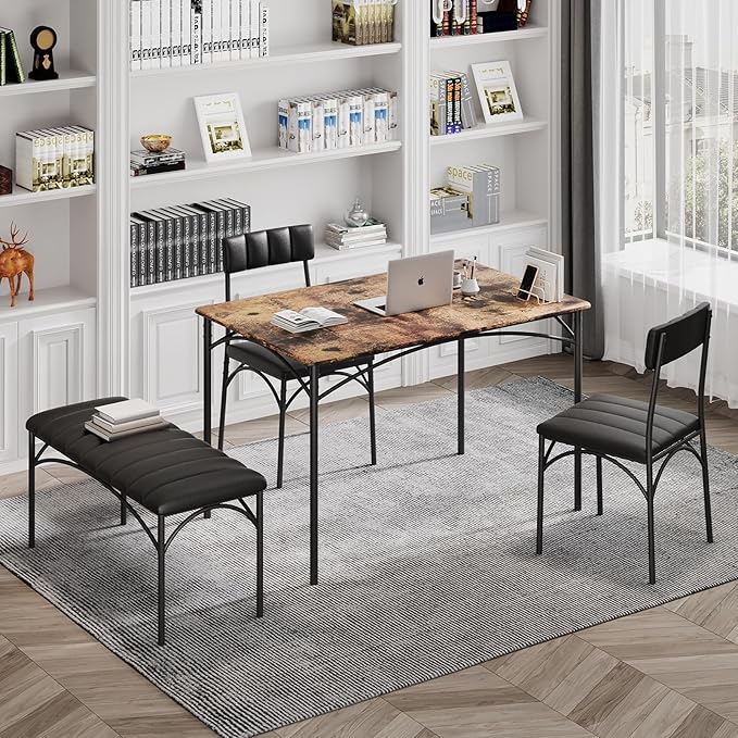 4 EVER WINNER Dining Table Set for 4, Kitchen Table with Upholstered Bench and 2 Chairs, Dining Room Set for Small Space, Apartment, Kitchen, Rustic Brown