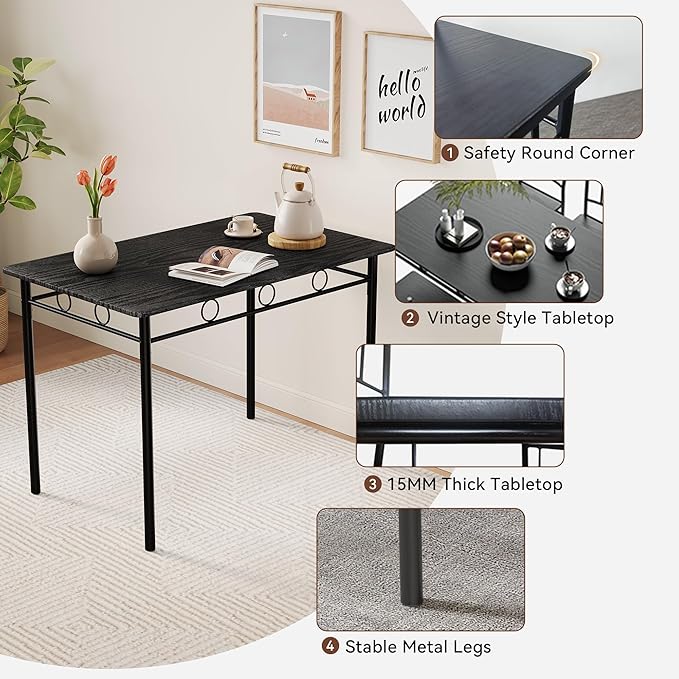 Kitchen Dining Table Set for 4, 5-Piece Kitchen Table Set,Dining Room Table Sets,Rectangular Kitchen Table Set with 4 Chairs for Small Space, Dinette,Apartment,Rustic Black