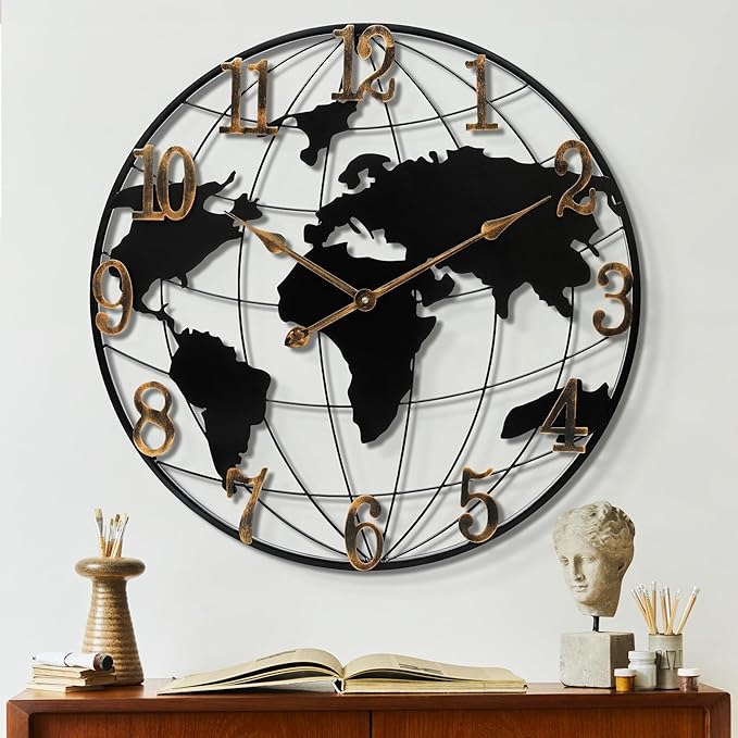 Large Round Metal World Map Clock - 16 Inch Minimalist Modern Silent Non-Ticking Battery Operated Wall Clock for Living Room, Kitchen, Office, Farmhouse Home Decor