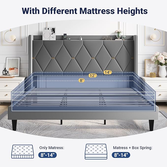 Allewie Velvet King Size Upholstered Bed Frame with Wingback Storage Headboard & Charging Station, Platform Bed with Diamond Tufted Design & Gold Trim, No Box Spring Needed, Easy Assembly, Grey