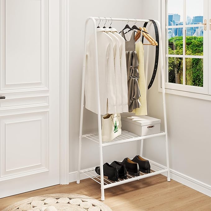 Buzowruil Metal Small Clothes Rack,Clothing Garment Rack with Double Layer Shelf for Clothes,Dress, Shoes,White