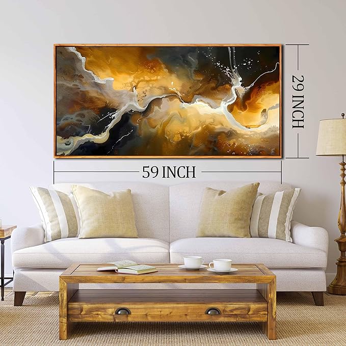 Abstract Wall Art for Living Room, Marble Canvas Wall Decor for Bedroom, Black and Gold Picture Print Artwork for Office, Large Size 59 x 29 Inches Framed