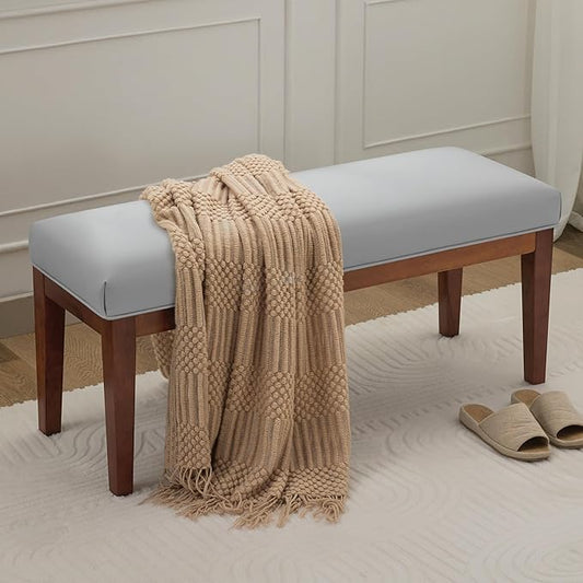 43.5'' Faux Leather Bedroom Bench, Upholstered End of Bed Bench, Padded Vintage Dining Bench, Entryway Bench with Solid Wood Legs, Kitchen, Living Room, Hallway, Grey