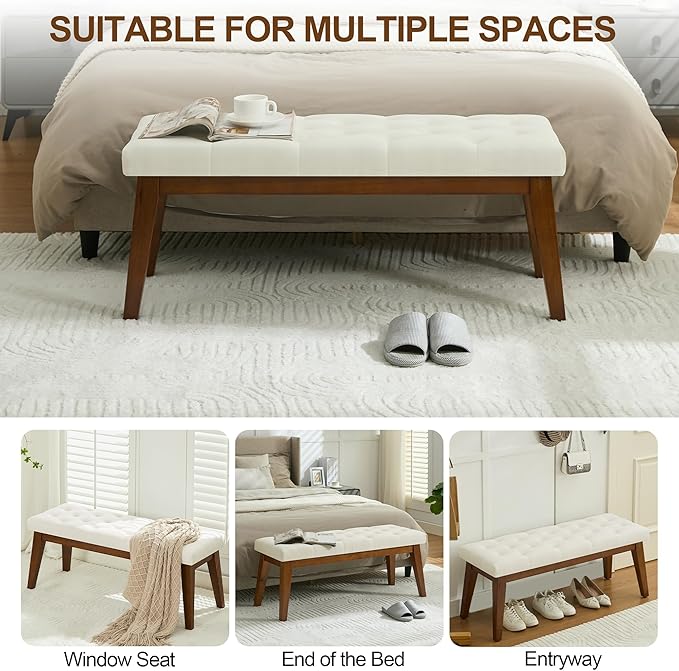 43.5'' Linen Bedroom Bench, Upholstered End of Bed Bench with Tufted Button, Padded Vintage Dining Bench, Entryway Bench with Solid Wood Legs, Kitchen, Living Room, Hallway, Beige Tufted