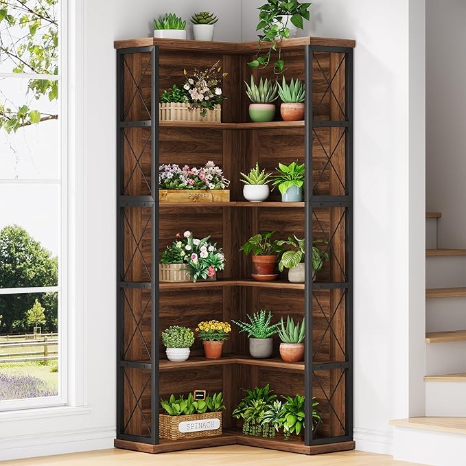 5-Tier L Shaped Bookshelf, Vintage Industrial Corner Bookcase, Large Tall Storage Shelves Display Rack with Metal Frame for Living Room, Home Office, Bedroom, Dark Walnut