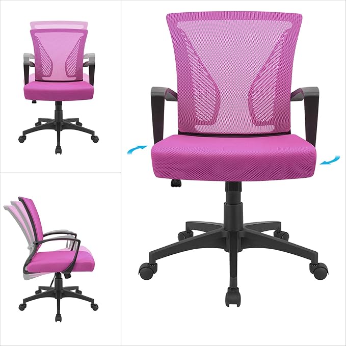 Furmax Office Chair Ergonomic Computer Desk Mesh Chair Mid Back Swivel Lumbar Support with Armrest (1, Pink)