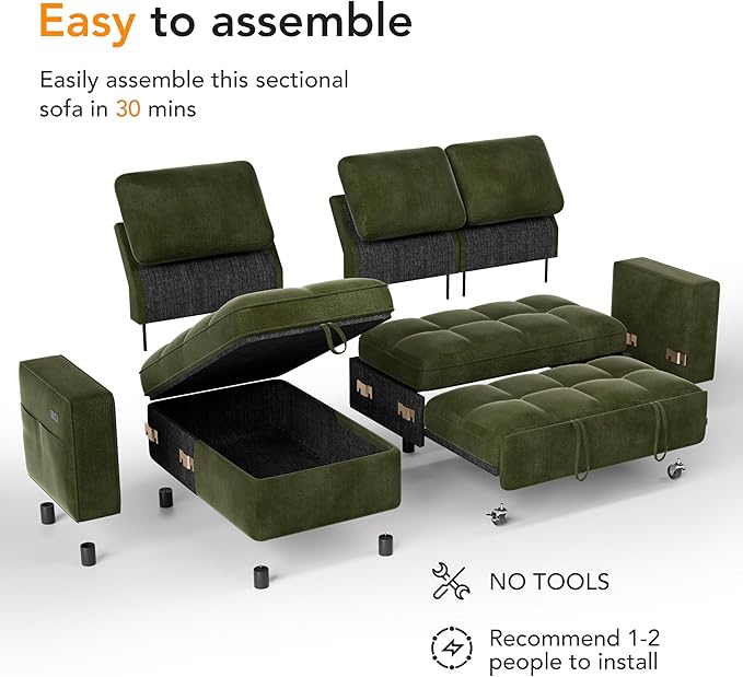 Vipbear Sleeper Sectional Sofa, 81" L Shaped Couch with Pull Out Bed, Convertible Chenille Cloud Sofa with Reclining Backrest | Reversible Storage Chaise | USB Ports | Tool-Free Assembly | Green