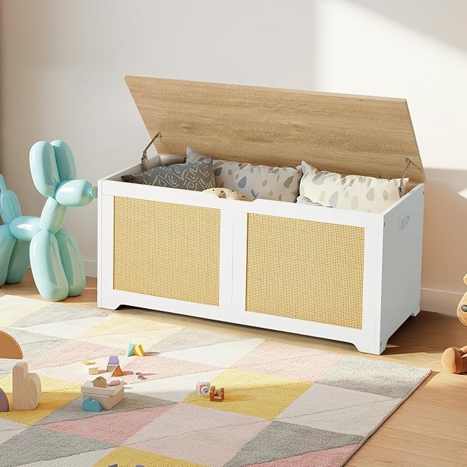 EROMMY Storage Chest, 39.4" Rattan Storage Bench with 2 Safety Hinges, Shoe Bench for Entryway, Bedroom, Living Room, Supports 300 lb