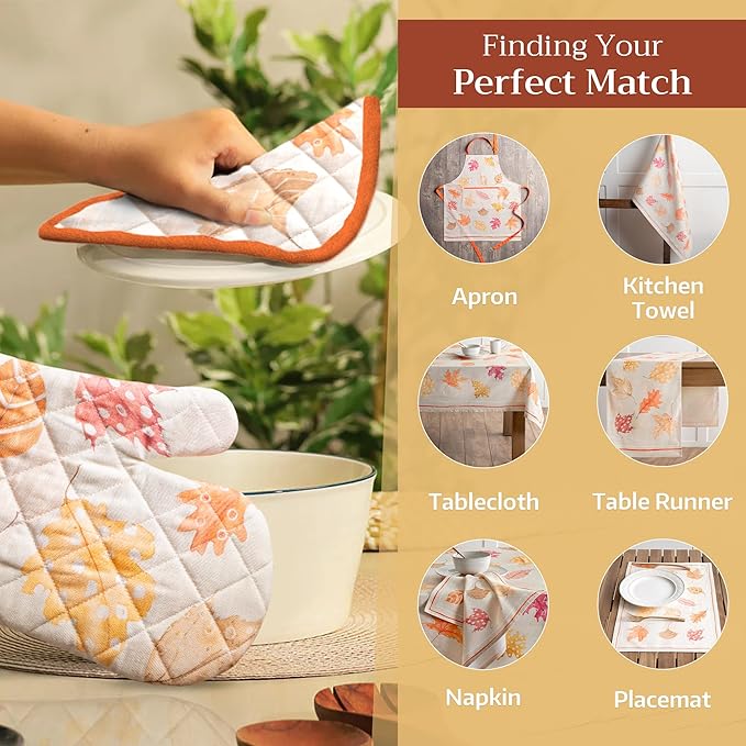 Maison d' Hermine Pot Holders Set 100% Cotton Heat Resistant Potholders 8" x 8" Hot Pads with Loop for Thanksgiving Christmas Decorations BBQ Baking Handling Hot Pans (Pack of 2, Colours of Autumn)