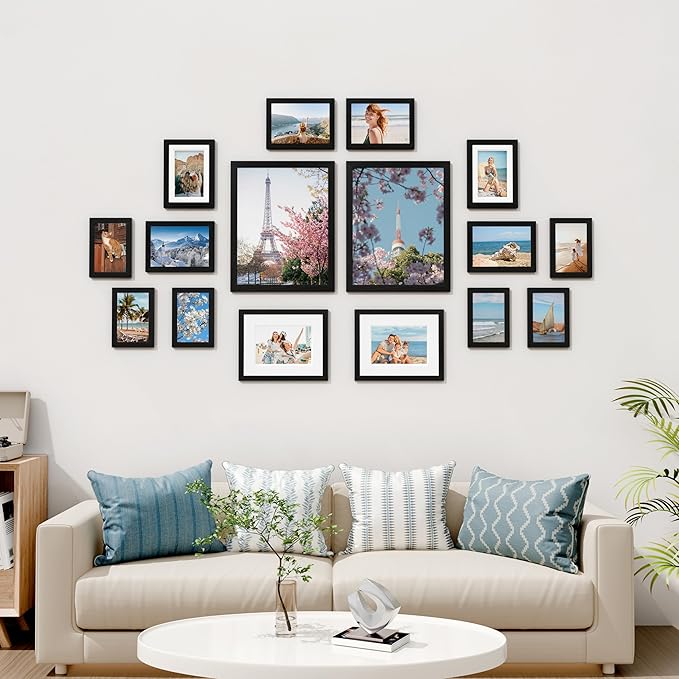 Vittanly 16 Pack Picture Frames, Gallery Wall Frame Set with 2Pcs 11x14, 2Pcs 8x10, 6Pcs 5x7 and 6Pcs 4x6 Photo Frames, Picture Frames Collage Wall Decor for Wall or Tabletop Display, Black