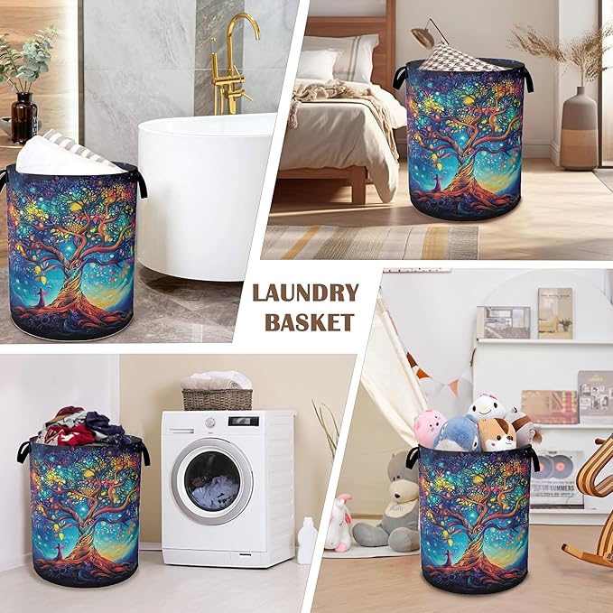 Cosmic Tree Laundry Hamper,Collapsible Laundry Baskets,Tree of Life Dirty Clothes Baskets with Handles,Oxford Cloth Hamper for Bedroom,Bathroom,College Dorms, 16"x20"