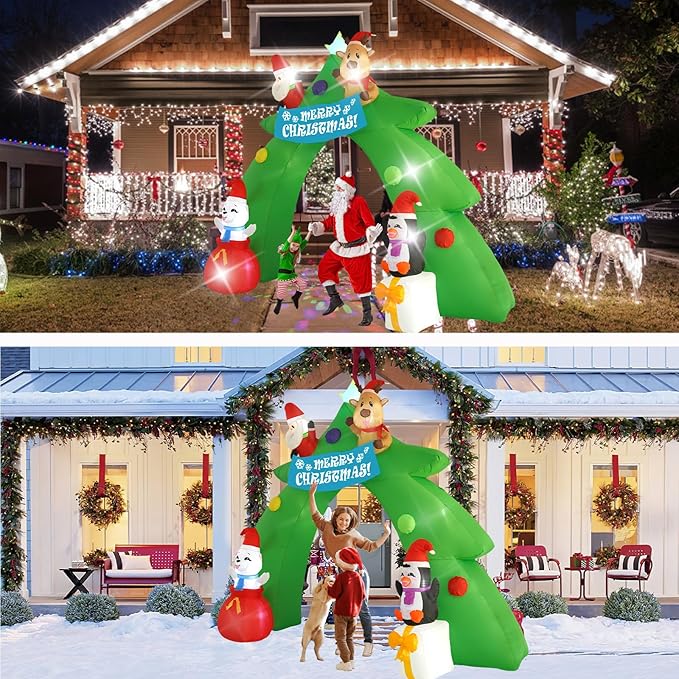 12FT Christmas Tree Arch Inflatable Decoration, Built-in LED Lights and Rotating Colored Lights, Suitable for Christmas Lawns, Gardens, Courtyards Outdoor Inflatable Decoration