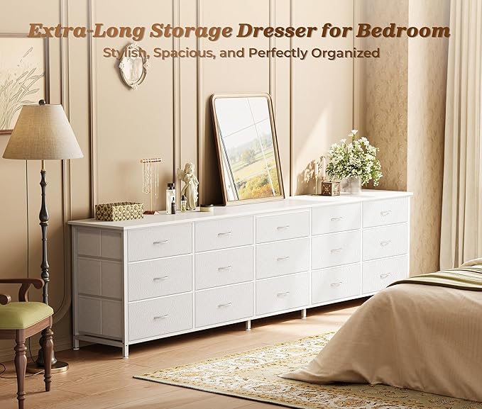 Huuger 78.7 inch Long Dresser for Bedroom, 15 Drawer Fabric Dresser for Closet, Large TV Stand for 65, 75, 85 inch TV, Wide Chest of Drawer with Storage, 78.7" W x 12.9" D x 26.7" H, White