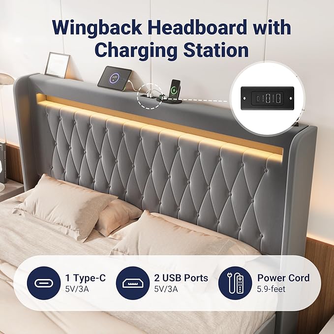 Allewie Upholstered King Size Platform Bed Frame with LED Light and Charging Station, Button Tufted High Headboard, Wingback Design, Noise Free, Easy Assembly, No Box Spring Needed, Grey