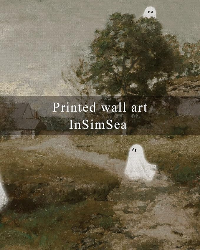 InSimSea Framed Canvas Wall Art, Vintage Halloween Decor, Cute Ghosts Decor Indoor, Bedroom Bathroom Living Room Halloween Pictures Decorations, Landscape Wall Art Prints, 12"x16"