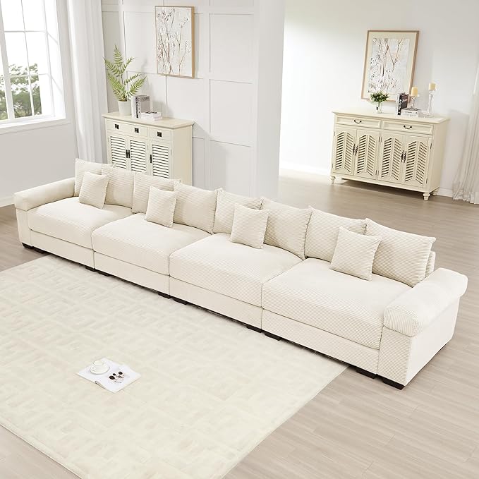 KEIKI 168" Oversized Corduroy Modular Cloud Sectional Sofa with High-Density Foam Cushions, Extra-Thick Armrest, Upholstered Modern 4-Seater Fluffy Corner Couch with 12 Pillow, for Living Room, Beige