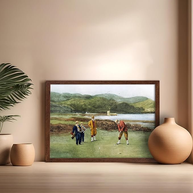 Poster Master The Putting Green Painting Poster - Golf Course Print - Golf Art - River Art - Sports Art - Landscape Art - Father's Day Art - Great Office or Living Room Decor, 16x20 Brown Framed