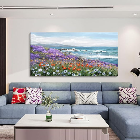 YDYSUNE Coastal Wall Art Ocean Picture for Living Room Blue Modern Home Bedroom Decoration Coast Beach Flower Painting Seascape Framed Artwork Decor 24×48IN