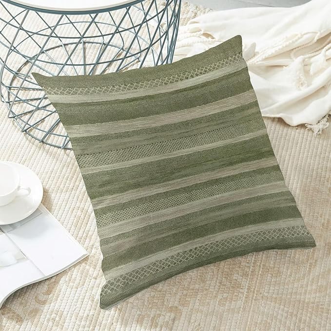 Boho Green Stripe Throw Pillow Covers 18x18 Inch Set of 2, Rustic Abstract Decorative Throw Pillow Covers Retro Stripe Neutral Outdoor Cushion Cover for Sofa Couch Farmhouse Room Bed Decor