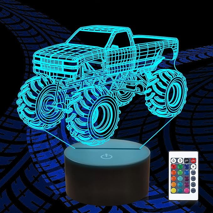 3D Night Lights for Children, Kids Night Lamp, Monster Trucks for Boys, 16 LED Colors Changing Lighting, Car Shape Acrylic Lighting Table Desk Bedroom Decoration, Ideas Birthday Xmas