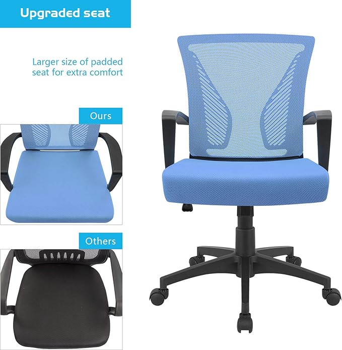 Furmax Office Chair Ergonomic Computer Desk Mesh Chair Mid Back Swivel Lumbar Support with Armrest (1, Blue)