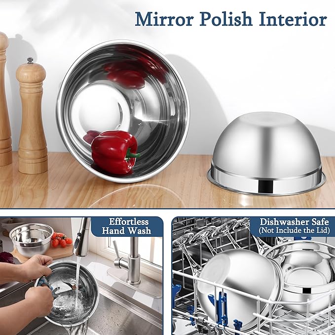 LIANYU Stainless Steel Metal Mixing Bowls, 3 Packs Deep Nesting Mixing Bowls Set for Baking Cooking and Prepping, 4.6 & 3 & 1.5QT Large and Small Size, Include Visible & Airtight Lid, Blue