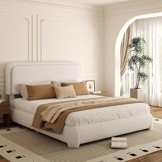 Queen Bed Frame, Teddy Velvet Boucle Bed Frame with 43.3"/45.3" Adjustable Upholstered Headboard, Rounded Corners, Mattress Foundation, No Box Spring Required, White