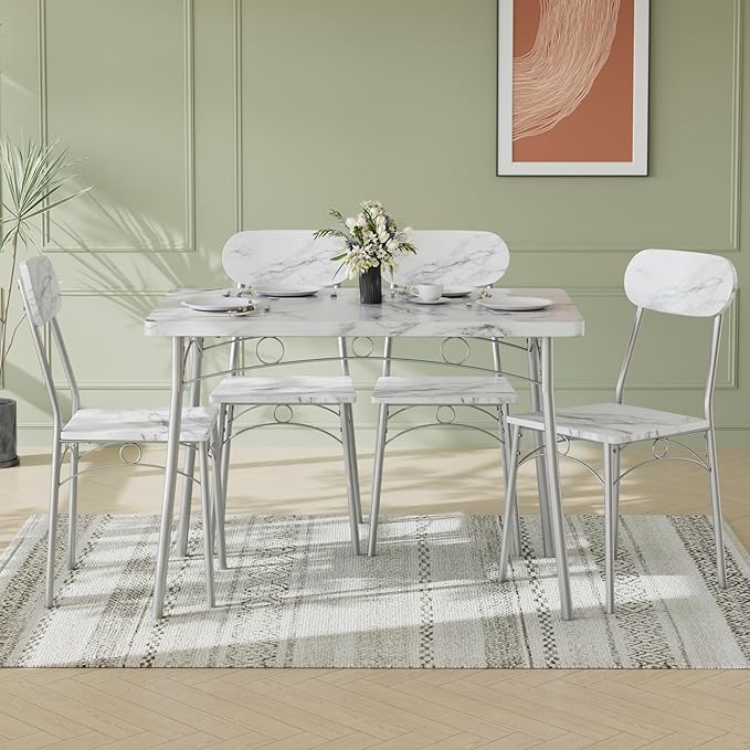 VECELO Dining Table Set for 4, 5-Piece Kitchen Table with 4 Chairs, MDF Board Tabletop with Metal Frame for Small Space, Compact Dinette, Breakfast Nook, White