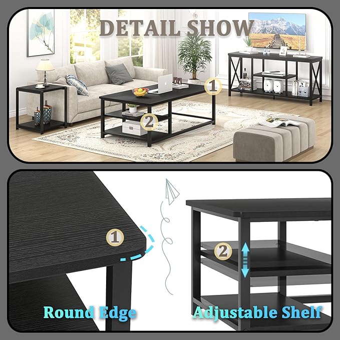 EXCEFUR Black Coffee Table, Rustic Wood Living Room Table with Storage Shelf, Modern Rectangle Center Table, 47 Inch