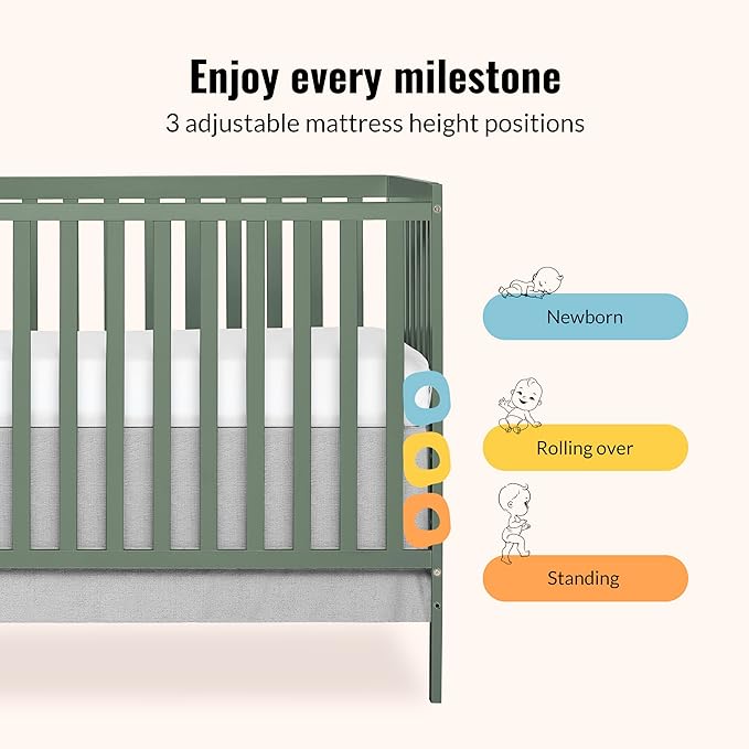 Dream On Me Synergy 5-in-1 Convertible Full-Size Baby Crib with Toddler, Day & Full Bed Conversion in Meadow Green, GreenGuard Gold & JPMA, 3 Mattress Heights, Sustainable Pinewood