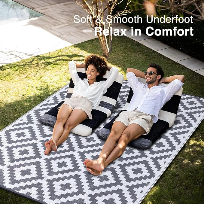 OLANLY Waterproof Outdoor Rug 9x18 ft, Outdoor Plastic Straw Rug for Camping, RV Mat Outside, Outdoor Carpet for Porch, Deck, Backyard, Balcony, Picnic, Grey & White