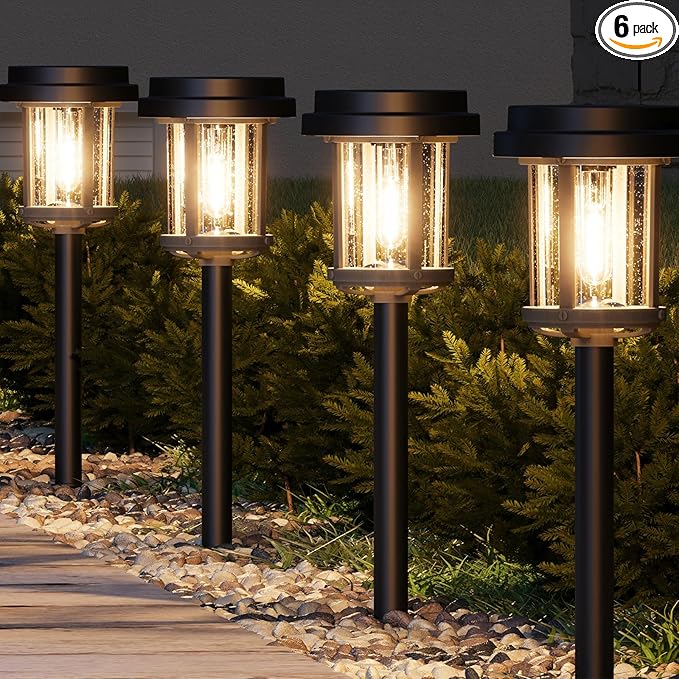 XMCOSY+ Solar Pathway Lights Outdoor, 20 LM LED Solar Garden Lights Seeded Glass, Waterproof IP65 Metal Outdoor Solar Lights for Yard Path Lawn Walkway Driveway Backyard (‎Black & Grey)