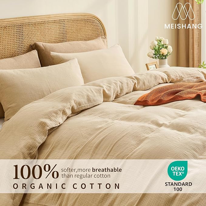 MEISHANG Muslin Duvet Cover King Size - 100% Organic Cotton, Soft Textured Gauze Weave Comforter Cover for Breathable All-Season with Zipper Closure - 3 Piece Set (King, Linen)