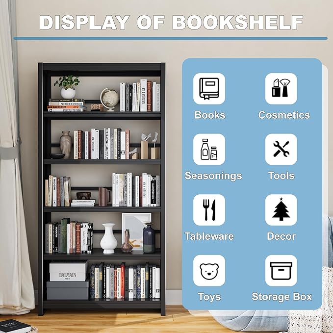 69.3" Tall Metal Bookshelf, 5-Tier Black Bookcase with Wide Open Shelves, Modern Bookshelf with Storage for Living Room, Bedroom, Home Office, Library, Study