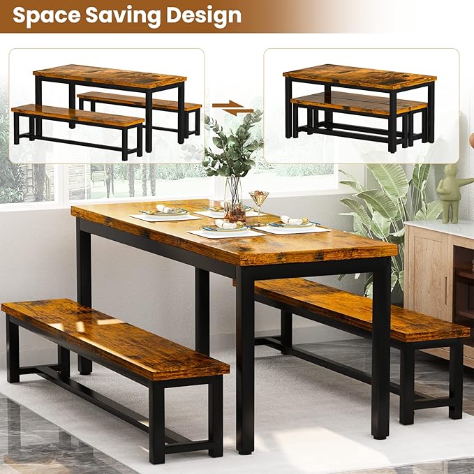 AWQM Dining Room Table Set, Kitchen Set with 2 Benches, Ideal for Home, and Room, Breakfast of 43.3x23.6x28.5 inches, Benches 38.5x11.8x17.5 Industrial Brown (A006-11F2-L)