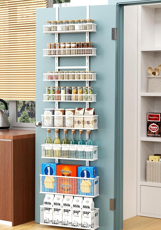 8-Tier Over The Door Pantry Organizer,Hanging Spice Rack,Over Door Adjustable Basket with Handle,Pantry Organization And Storage, Laundry Room,Bathroom,Large Capacity,D5.3xW15.7xH74.8 in