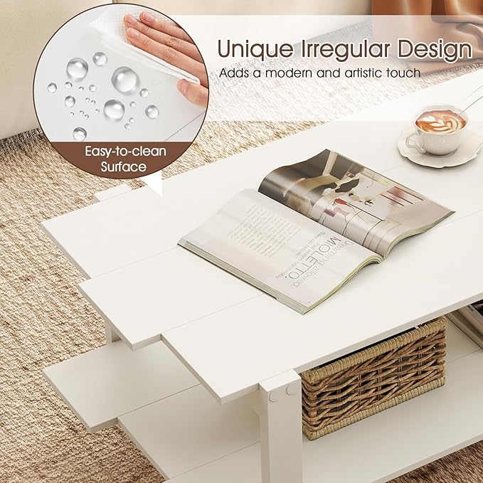 GOFLAME Wood Coffee Table with Storage, 2-Tier Irregular Center Table with Open Storage Shelf, Modern Accent Tea Table for Living Room, Home Office, Reception Room (White)