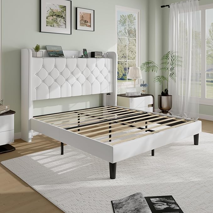 SHA CERLIN Queen Size Platform Bed Frame with Charging Station, Velvet Wingback Headboard with Storage Shelf, Wooden Slats Support, Ample Under-Bed Space, No Box Spring Needed, Easy Assembly, White